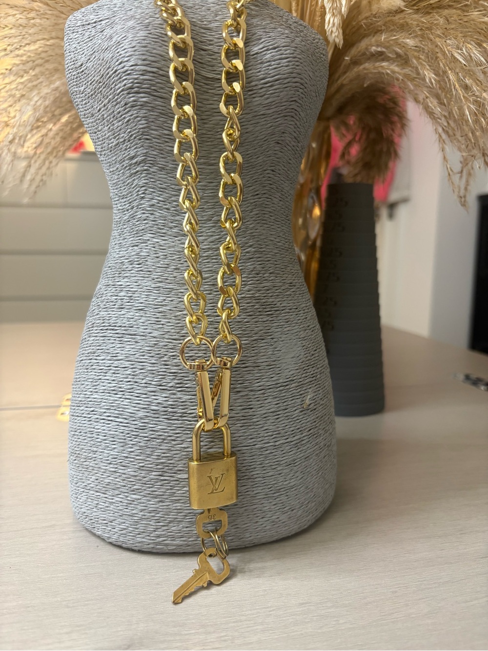 #315  Louis Vuitton Gold Tone Padlock and Key  Necklace
